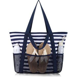 Women Blue Beach Bag Large Waterproof Sandproof Foldable Tote With Zipper Mesh